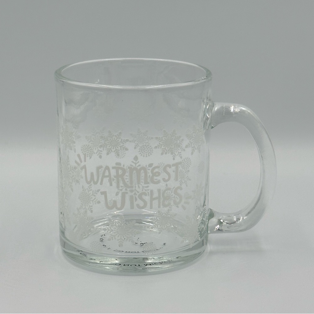 Holiday Home Glass Coffee Tea Mug Warmest Wishes Snowflakes 11 Oz